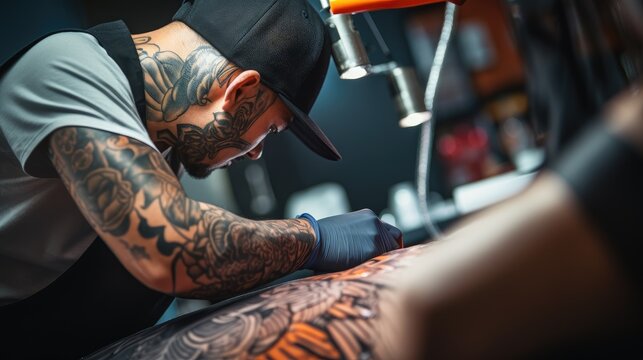 Close-up of artist applying tattoo on back of customer, copy space for text