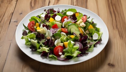 A white plate with a salad on a wooden table