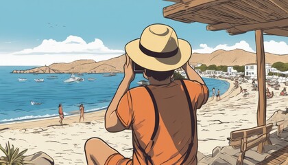 Fototapeta na wymiar A man in a hat and orange shirt looking at the ocean