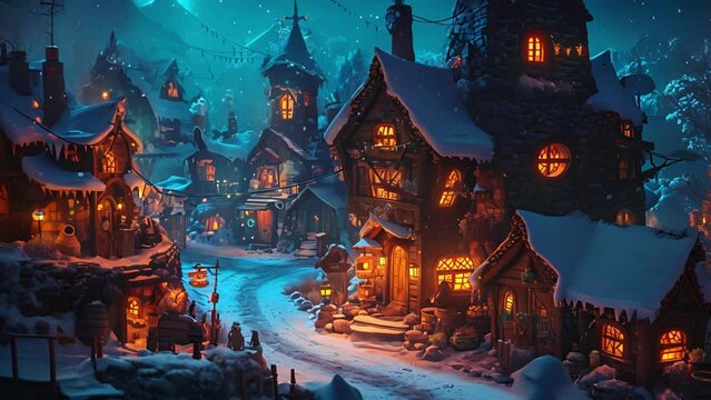 A cozy village with houses adorned in ling neon lights and residents bundled up in neon hats and scarves to keep warm.