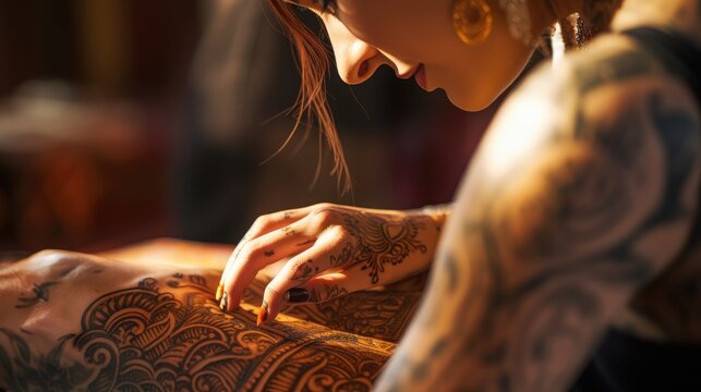 Close-up of artist applying tattoo on back of customer, copy space for text