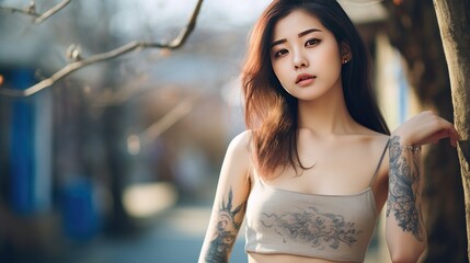 Young beautiful woman shows tattoo on arms and hands, confident and happy lifestyle