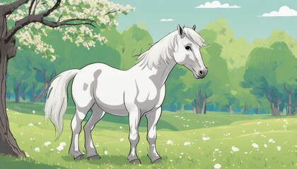 A white horse standing in a field with trees in the background
