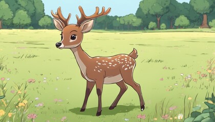 A deer in a field with trees in the background