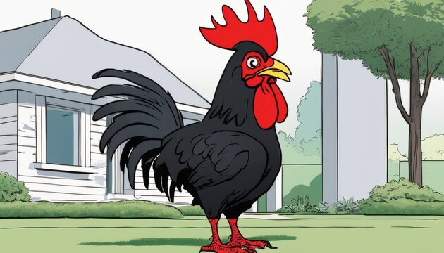 A rooster with a red head and black body stands on a lawn