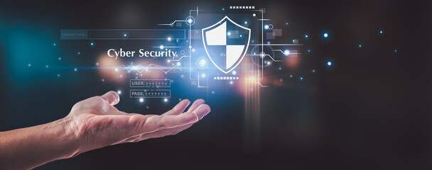 Businessman is showing concept of future technology and internet connection network with AI as controller. A graphic floated in the air on his hand.