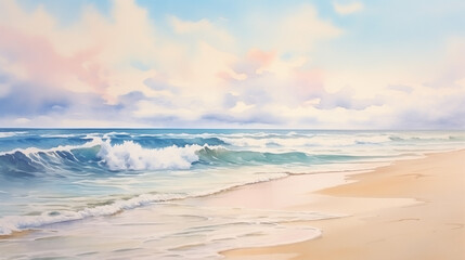 Tranquil Seashore at Dusk: Watercolor Painting of Gentle Waves, Soft Sandy Beach, and Pastel Sunset Skies.