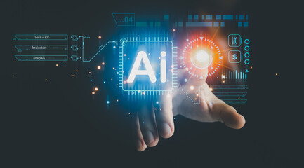 Businessman is showing concept of future technology and internet connection network with AI as controller. A graphic floated in the air on his hand. Data center network concept.