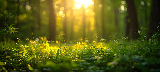  the sun in the forest reflected against green grass and trees

