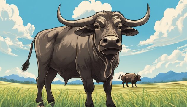 A brown bull with horns standing in a field