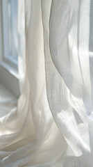 Gentle Morning Breeze: Close-Up of White Linen Curtains Billowing in a Soft Wind with Sunlight Filtering Through, Creating a Serene Atmosphere.
