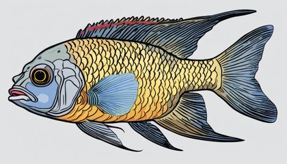 A colorful fish with a blue fin and red stripe