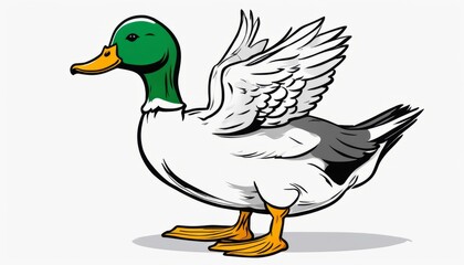 Fototapeta premium A duck with a green head and white body with wings spread