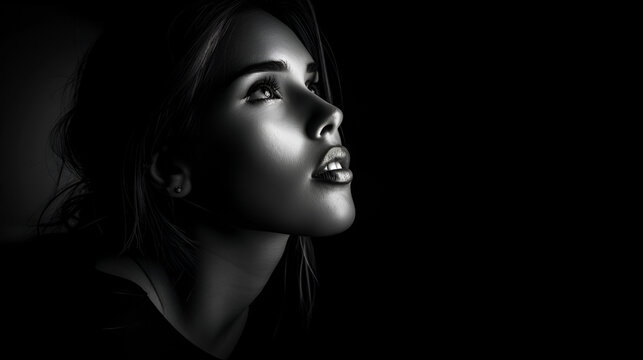 a half-side portrait of a beautiful young woman looking up, posing in black light, in the style of black and white intimacy, naturalistic shadows, silhouette lighting