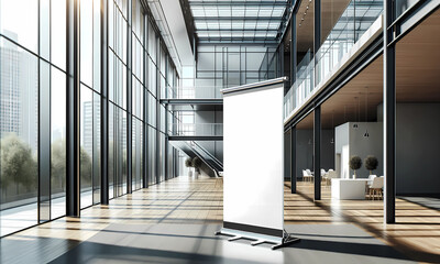 a roll-up mockup poster stand in a clean hall with large glass windows.