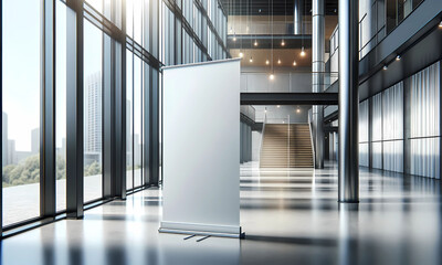a roll-up mockup poster stand in a clean hall with large glass windows.