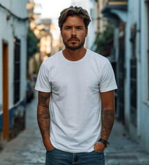 Man in white T-Shirts mock-up hanging on white wall, front and rear side view. Ready to replace your design