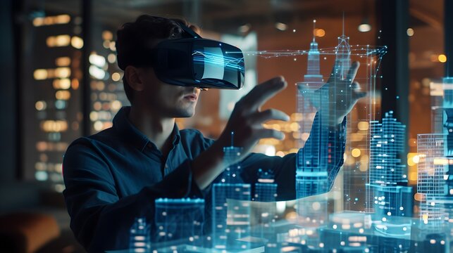 A virtual reality Technology modern ecological urban blue skyscraper building city design futuristic architecture nature.