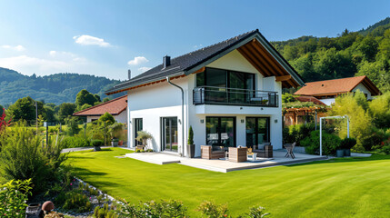 Fototapeta na wymiar Idyllic German Home: Bright Facade with Lush Green Grass in Perfect Weather