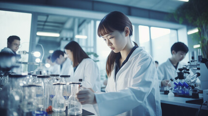 Focused Female Scientist Conducting Research in a Modern Laboratory with Colleagues. Advanced Scientific Environment with State-of-the-Art Equipment and Team Collaboration.