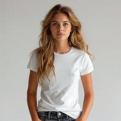 Fototapeta premium Portrait of young happy woman wearing a white T-shirt looking in camera