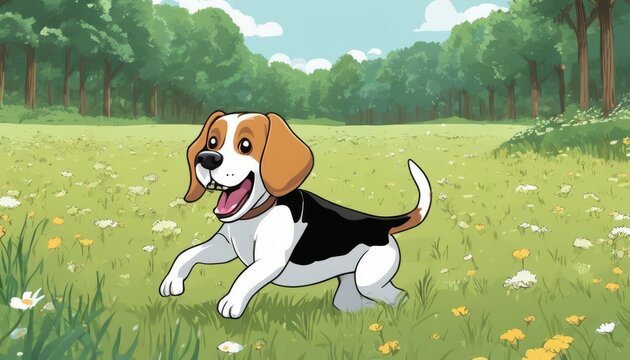 A cartoon dog with a black and white coat running in a field
