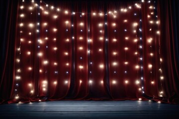 Red Curtains on stage lights, stars confetti and us flags for 4th of July. Happy Independence Day stage presentation. Empty theater or cinema stage for fourth of July independence event day 
