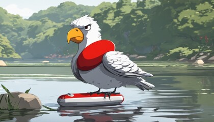 A bird with a red life vest on