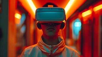 Obraz premium handsome man using VR glasses. handsome guy and virtual reality experience, virtual reality and youth concept 
