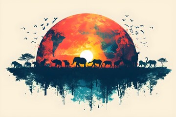 wild animals walking around a globe. world wildlife day concept. environment and biodiversity, earth and wild animals