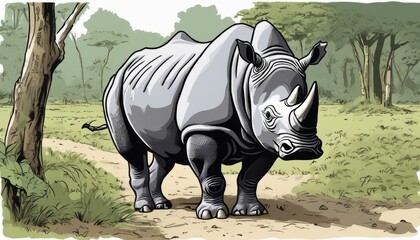 Fototapeta premium A gray rhino walking on a dirt road