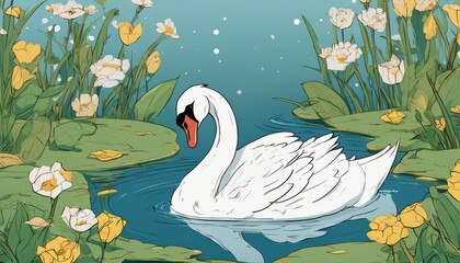 A white swan swimming in a pond with yellow flowers around it