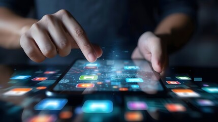 guy touching a mobile app. digital visualization of apps. mobile technology, impact of different mobile apps to people and digital lifestyle concept