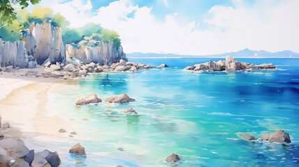 Watercolor Illustration of a Secluded Beach with Rocky Cliffs and Crystal Clear Blue Waters. Serene...