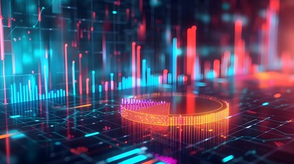 digital business graph of sales representation, pie chart and bar graph including sales. neon color. sales analysis, business sales representation concept