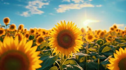 Obraz premium Field of beautiful blooming sunflowers. AI generated.