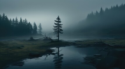 Beautiful foggy swamp landscape. AI generated.