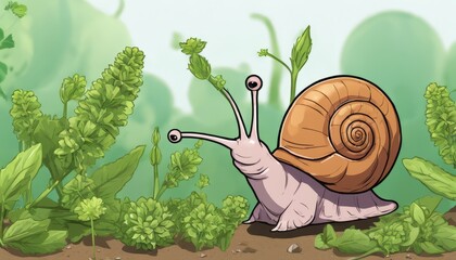 A cartoon slug with big eyes and a spiral shell