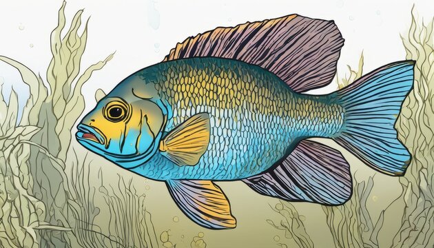 A blue and yellow fish in a pond