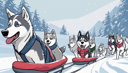 A group of husky dogs pulling a sled in the snow