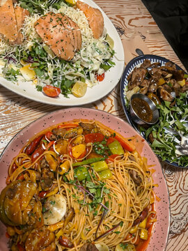 salad, pasta, staek food