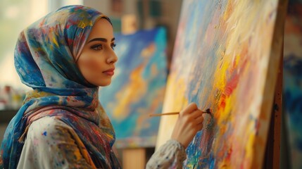  A hijab girl painting on a canvas in a sunlit studio.