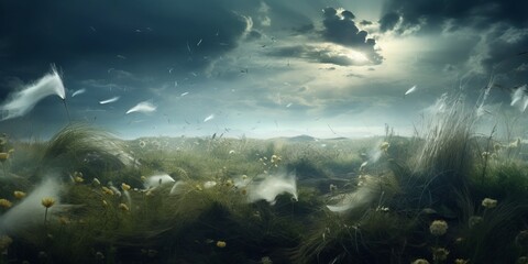 Obraz premium Low-angle outdoor color photo of grass blowing in an overgrown field under a dramatic cloudy sky, motion blur. From the series “North Dakota.