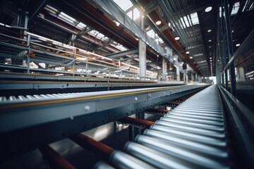 Fototapeta premium Conveyor Belt in a Large Warehouse, Efficient Handling of Goods in a Spacious Setting, Low Angle on conveyor belt in warehouse, AI Generated