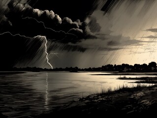High contrast black and white drawing of lightning striking a wide lake, black clouds and reed banks, dramatic light and shadow. From the series “North Dakota."