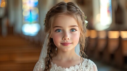 little girl with first communion dress on church - obrazy, fototapety, plakaty