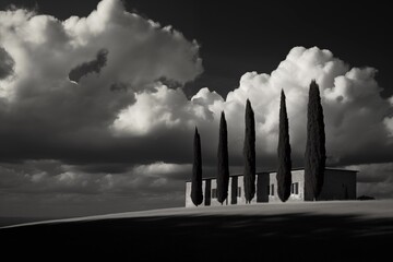 Low-angle black and white landscape photo of tuscan cypresses in front of a long low building,...
