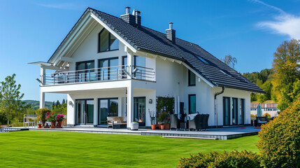Idyllic German Home: Bright Facade with Lush Green Grass in Perfect Weather