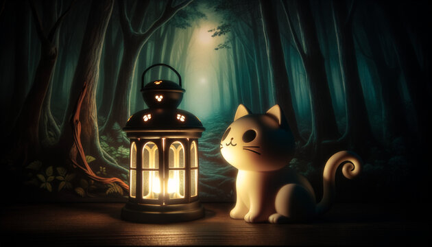 Animated Cat beside a Glowing Lantern in an Enchanted Forest