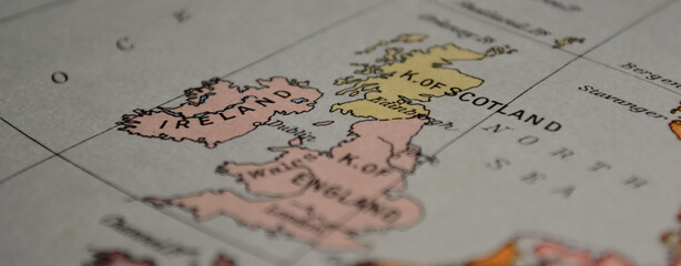 An old map showing Scotland, Ireland, Dublin, and England.